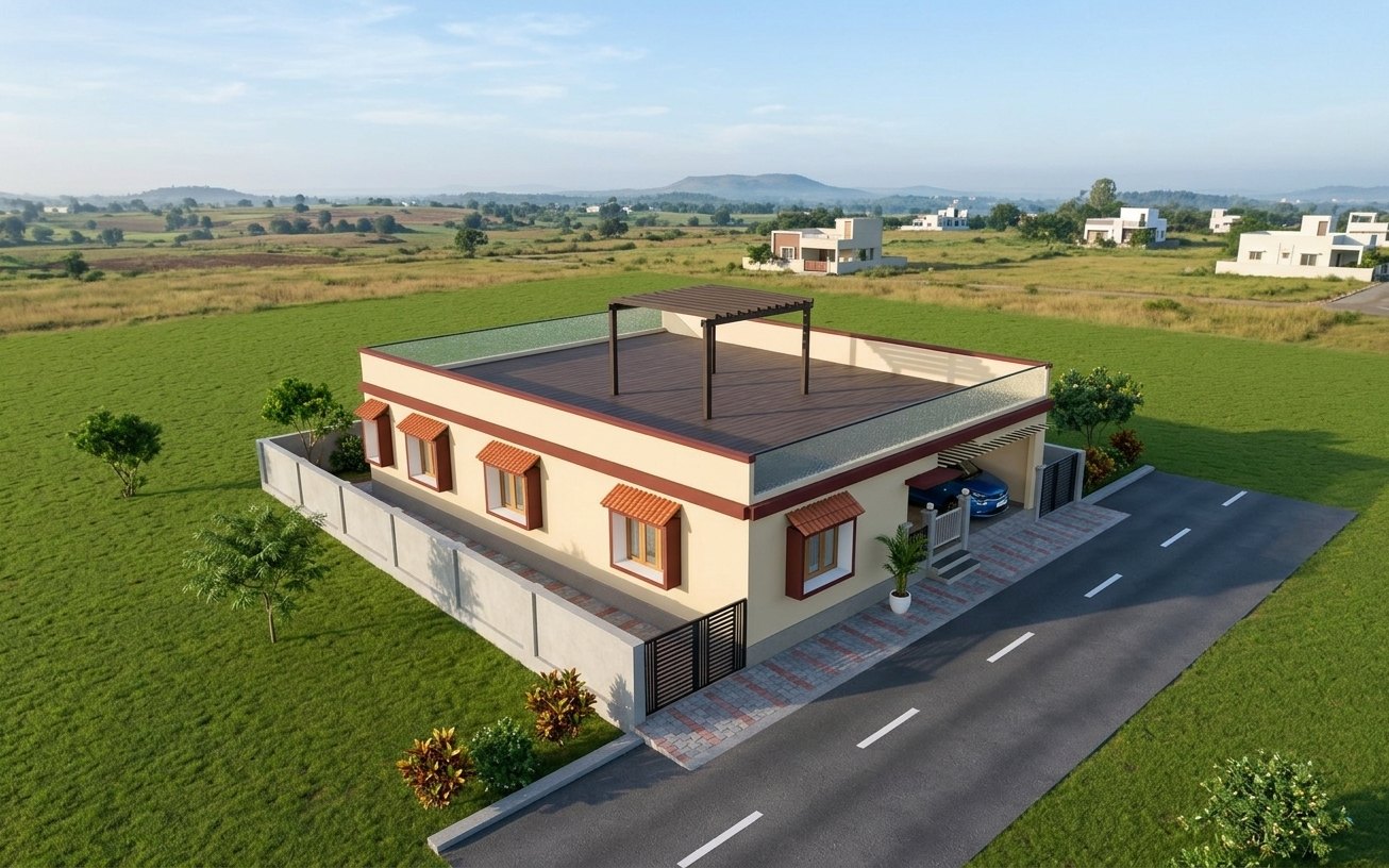 Aerial render of the same house in cream and maroon