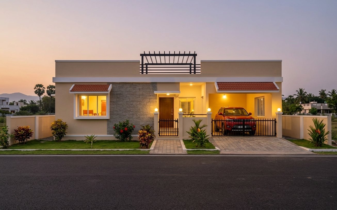 Evening render of a Tamil Nadu house designed with CAT AI